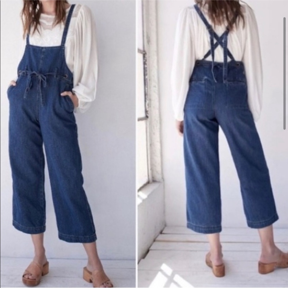 Free people denim wide leg overalls size M